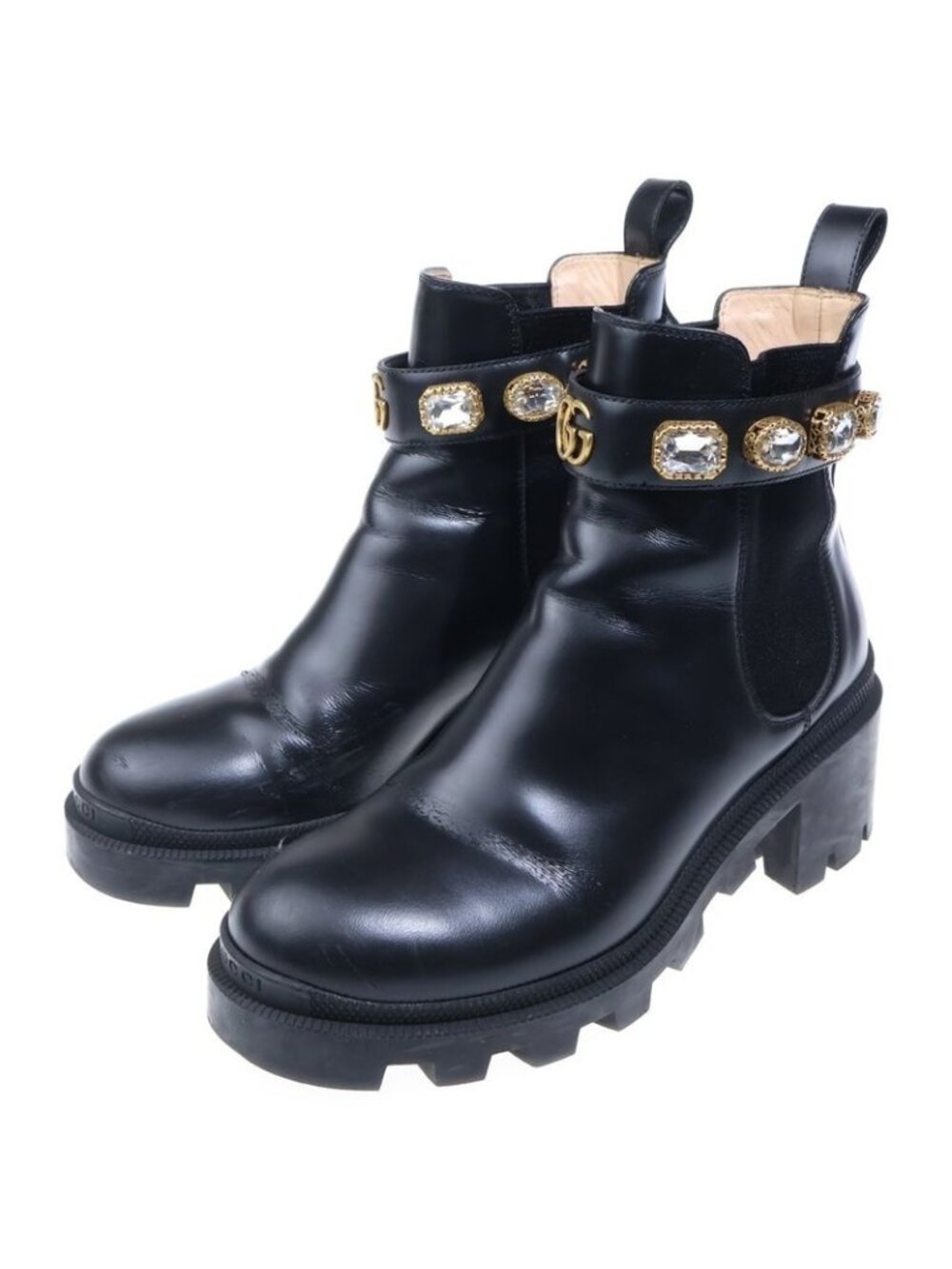 Gucci GG Marmont Bijou Crystal Decoration Leather Side Gore Short Boots Black - Picture 2 of 6